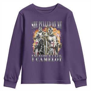Funny Knight Meme Youth Sweatshirt She Pulled On My Excalibur Offensive Medieval Warrior Bootleg TS10 Purple Print Your Wear