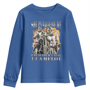 Funny Knight Meme Youth Sweatshirt She Pulled On My Excalibur Offensive Medieval Warrior Bootleg TS10 Royal Blue Print Your Wear