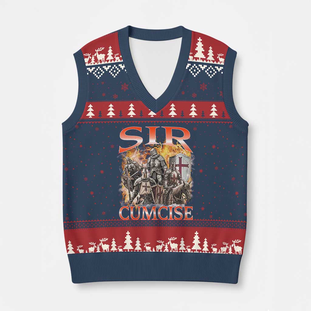 Knight Meme V-Neck Knit Sweater Vest Sir Cumcise Funny Bootleg Graphic TS10 Navy Red Print Your Wear