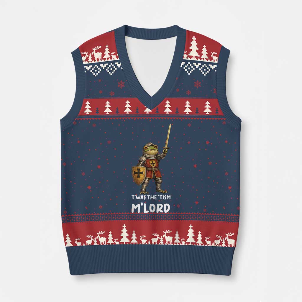 Knight Frog V-Neck Knit Sweater Vest Funny T'was The Tism M'Lord Vintage Autism Medieval TS10 Navy Red Print Your Wear