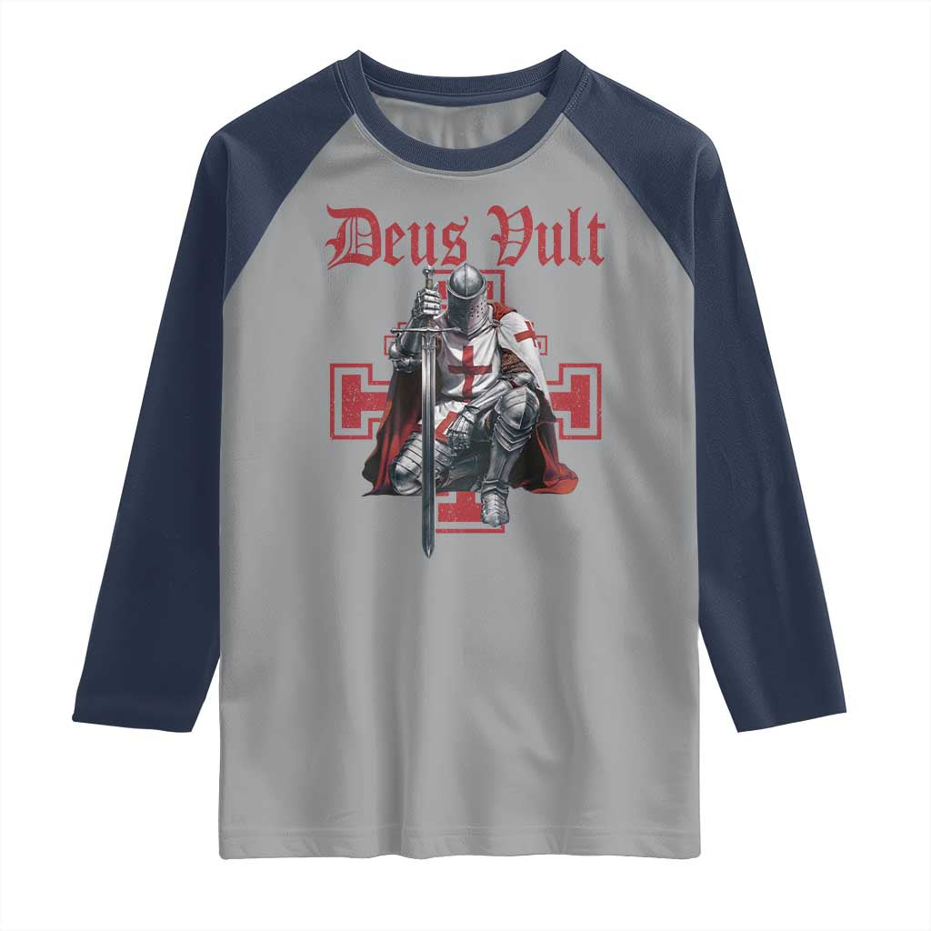 Deus Vult Knight Templar Raglan Shirt Crusader Cross TS10 Sport Gray Navy Print Your Wear