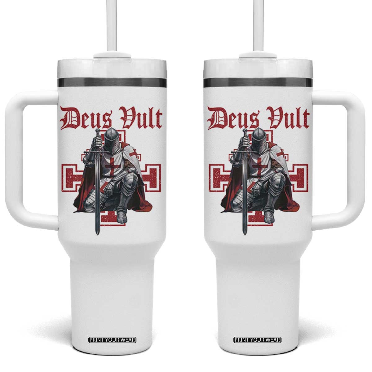 Deus Vult Knight Templar Tumbler With Handle Crusader Cross TS10 One Size: 40 oz White Print Your Wear