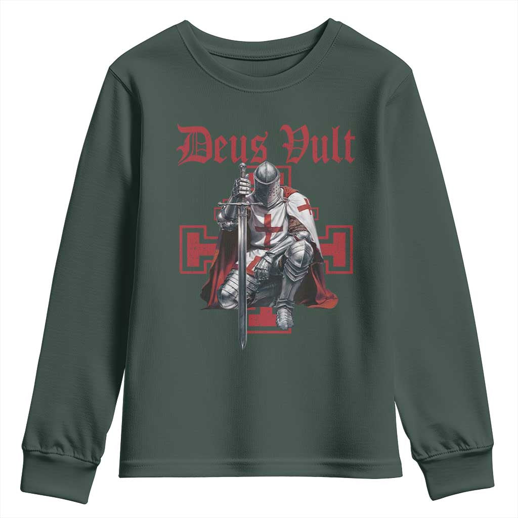 Deus Vult Knight Templar Youth Sweatshirt Crusader Cross TS10 Dark Forest Green Print Your Wear
