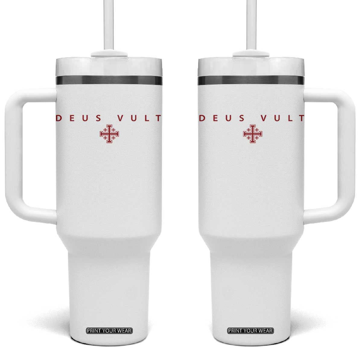 Catholic Knight Templar Crusader Cross Tumbler With Handle Subtle Minimal Christian Faith Deus Vult TS10 One Size: 40 oz White Print Your Wear