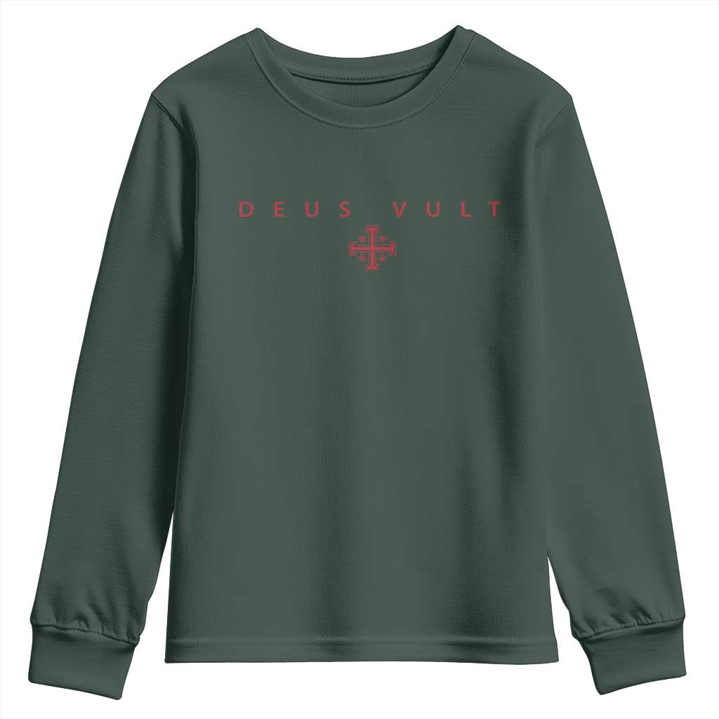 Catholic Knight Templar Crusader Cross Youth Sweatshirt Subtle Minimal Christian Faith Deus Vult TS10 Dark Forest Green Print Your Wear