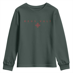 Catholic Knight Templar Crusader Cross Youth Sweatshirt Subtle Minimal Christian Faith Deus Vult TS10 Dark Forest Green Print Your Wear