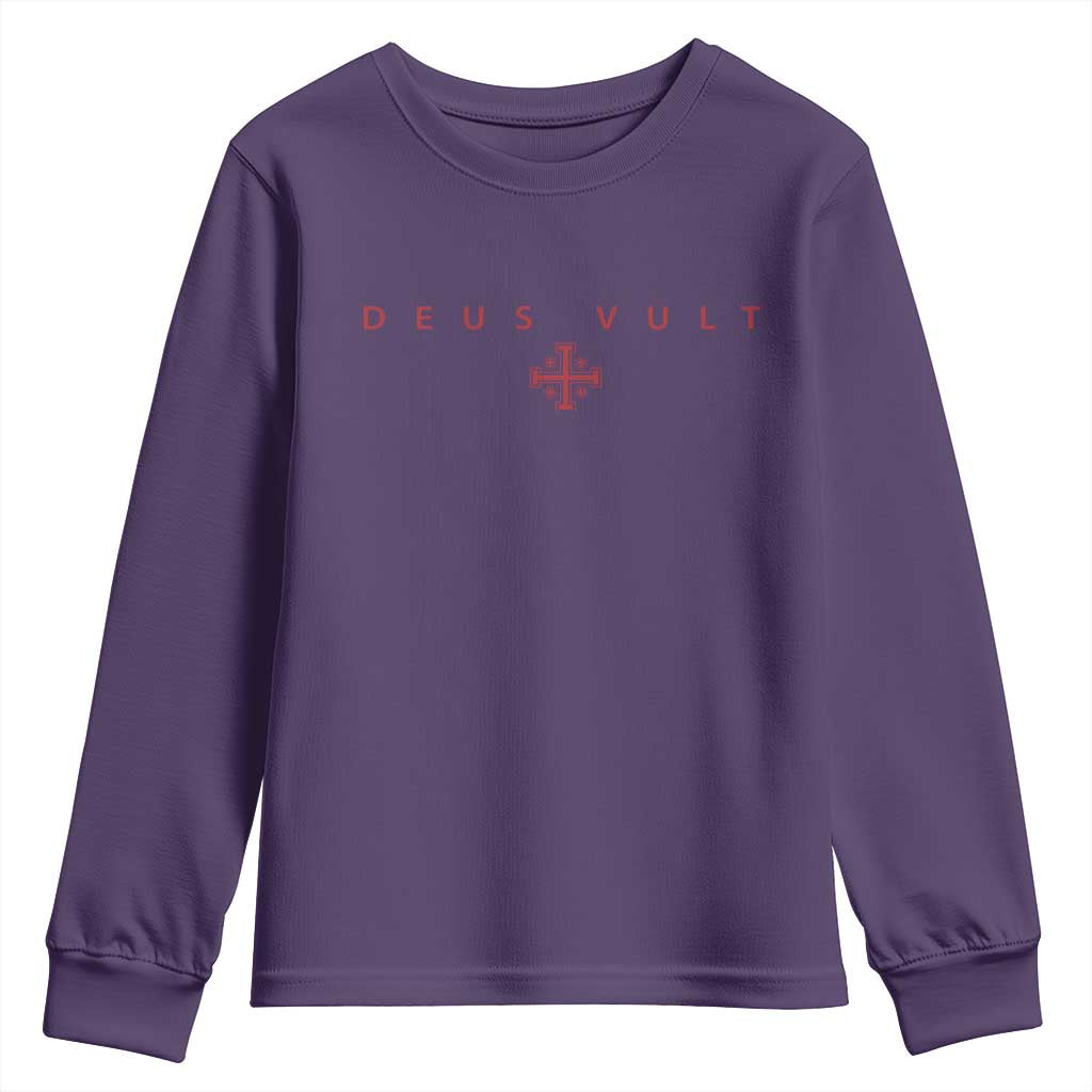 Catholic Knight Templar Crusader Cross Youth Sweatshirt Subtle Minimal Christian Faith Deus Vult TS10 Purple Print Your Wear