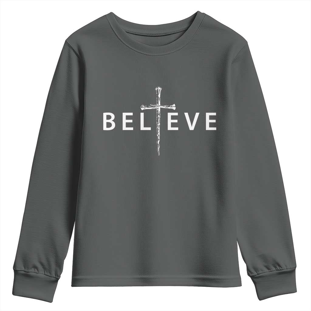 Cross Christian Religious Believe Blessed Faith Graphic Youth Sweatshirt TS10 Dark Heather Print Your Wear