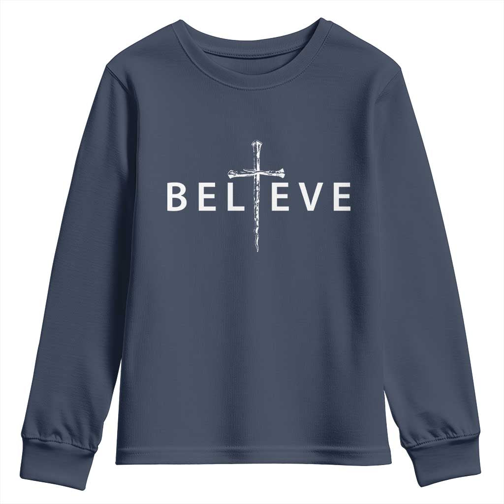 Cross Christian Religious Believe Blessed Faith Graphic Youth Sweatshirt TS10 Navy Print Your Wear