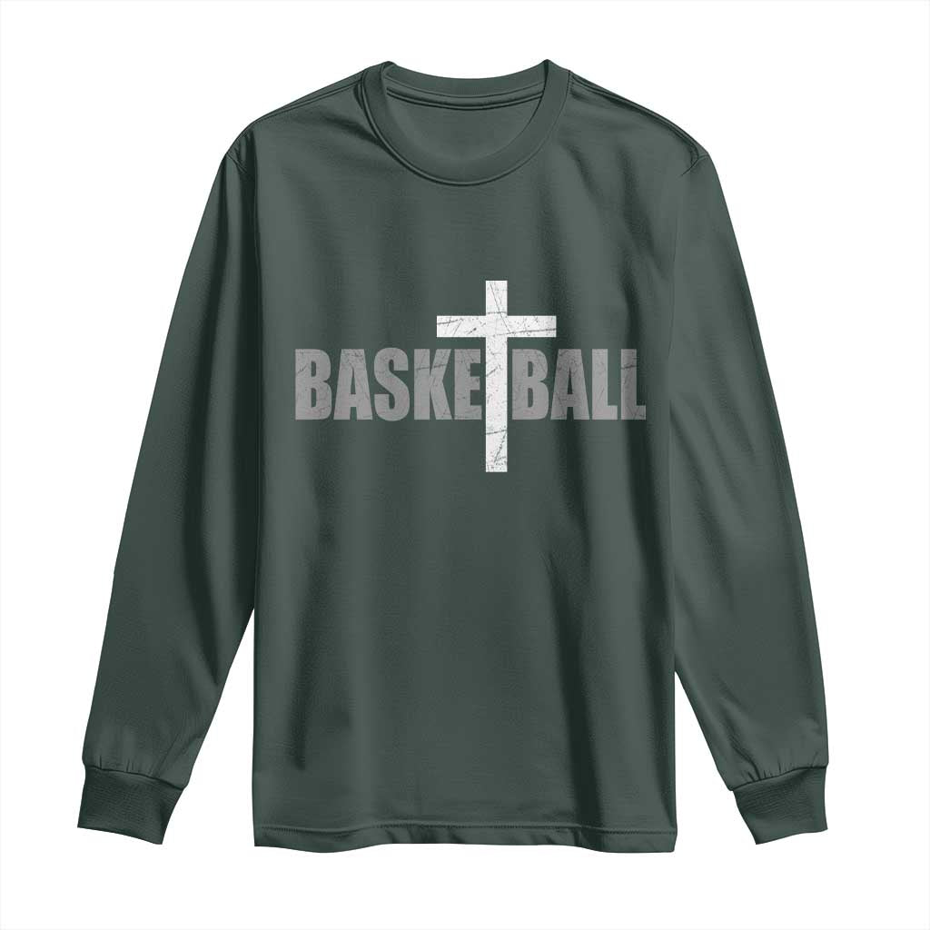 Christian Basketball Cross Long Sleeve Shirt Vintage Minimal Religious Faith TS10 Dark Forest Green Print Your Wear