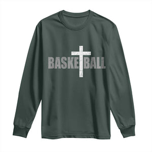 Christian Basketball Cross Long Sleeve Shirt Vintage Minimal Religious Faith TS10 Dark Forest Green Print Your Wear