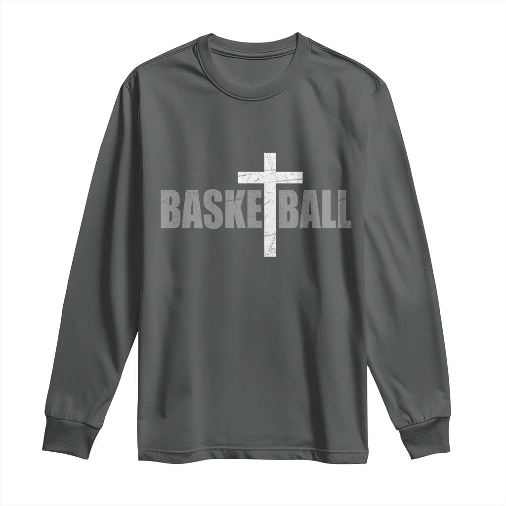 Christian Basketball Cross Long Sleeve Shirt Vintage Minimal Religious Faith TS10 Dark Heather Print Your Wear
