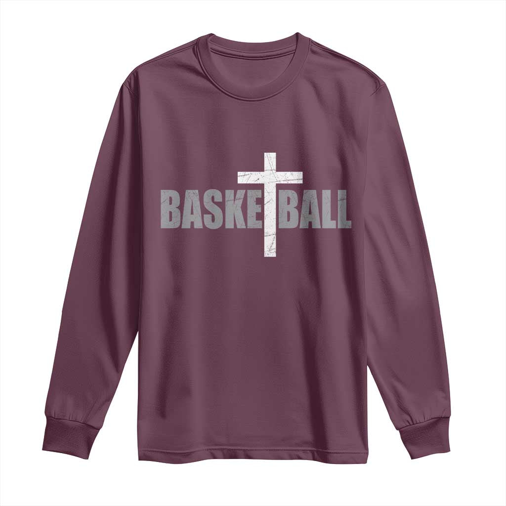 Christian Basketball Cross Long Sleeve Shirt Vintage Minimal Religious Faith TS10 Maroon Print Your Wear