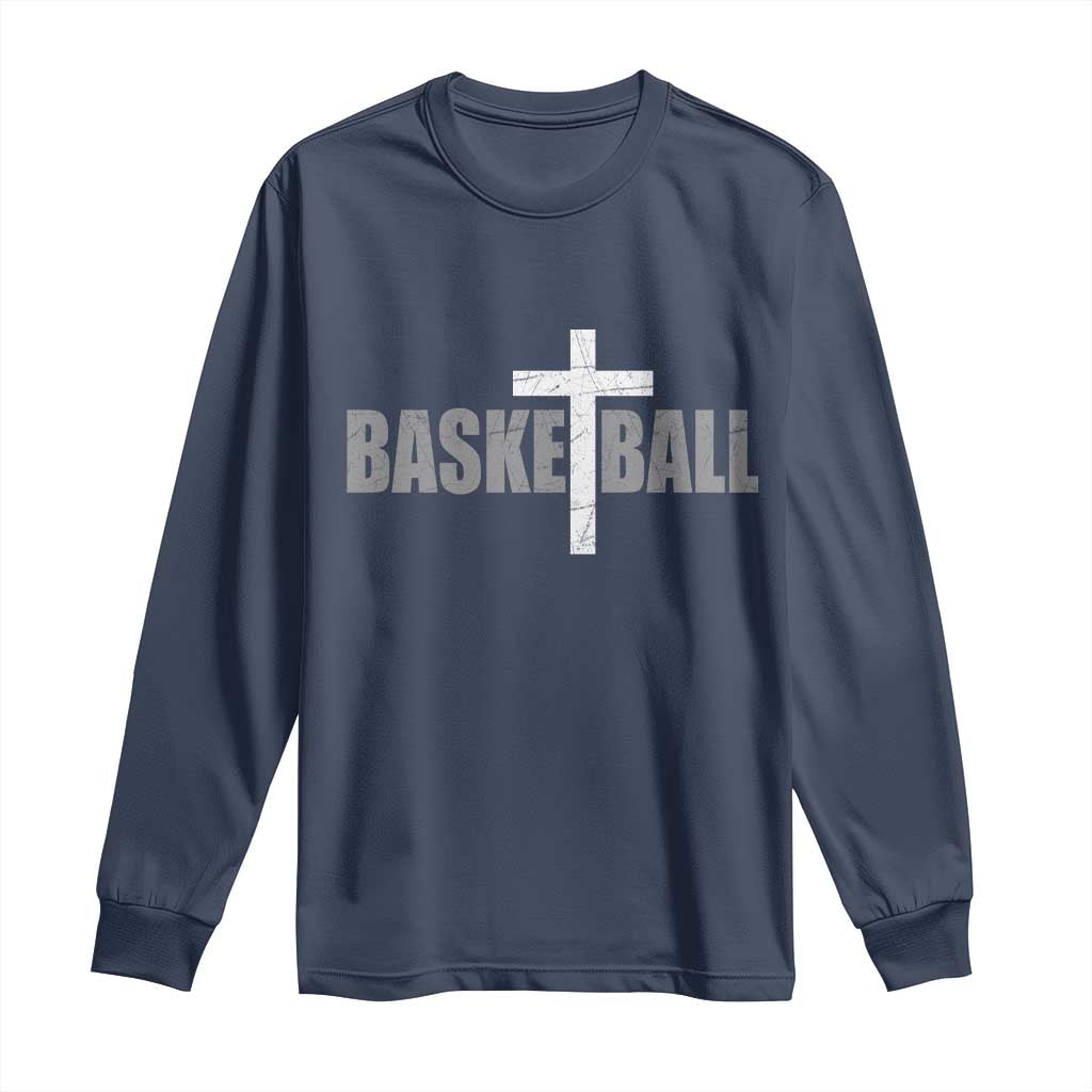 Christian Basketball Cross Long Sleeve Shirt Vintage Minimal Religious Faith TS10 Navy Print Your Wear