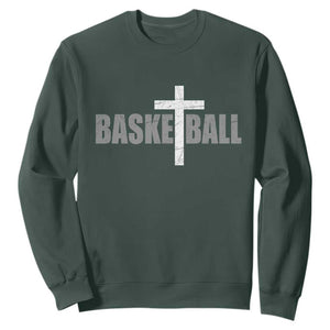 Christian Basketball Cross Sweatshirt Vintage Minimal Religious Faith TS10 Dark Forest Green Print Your Wear