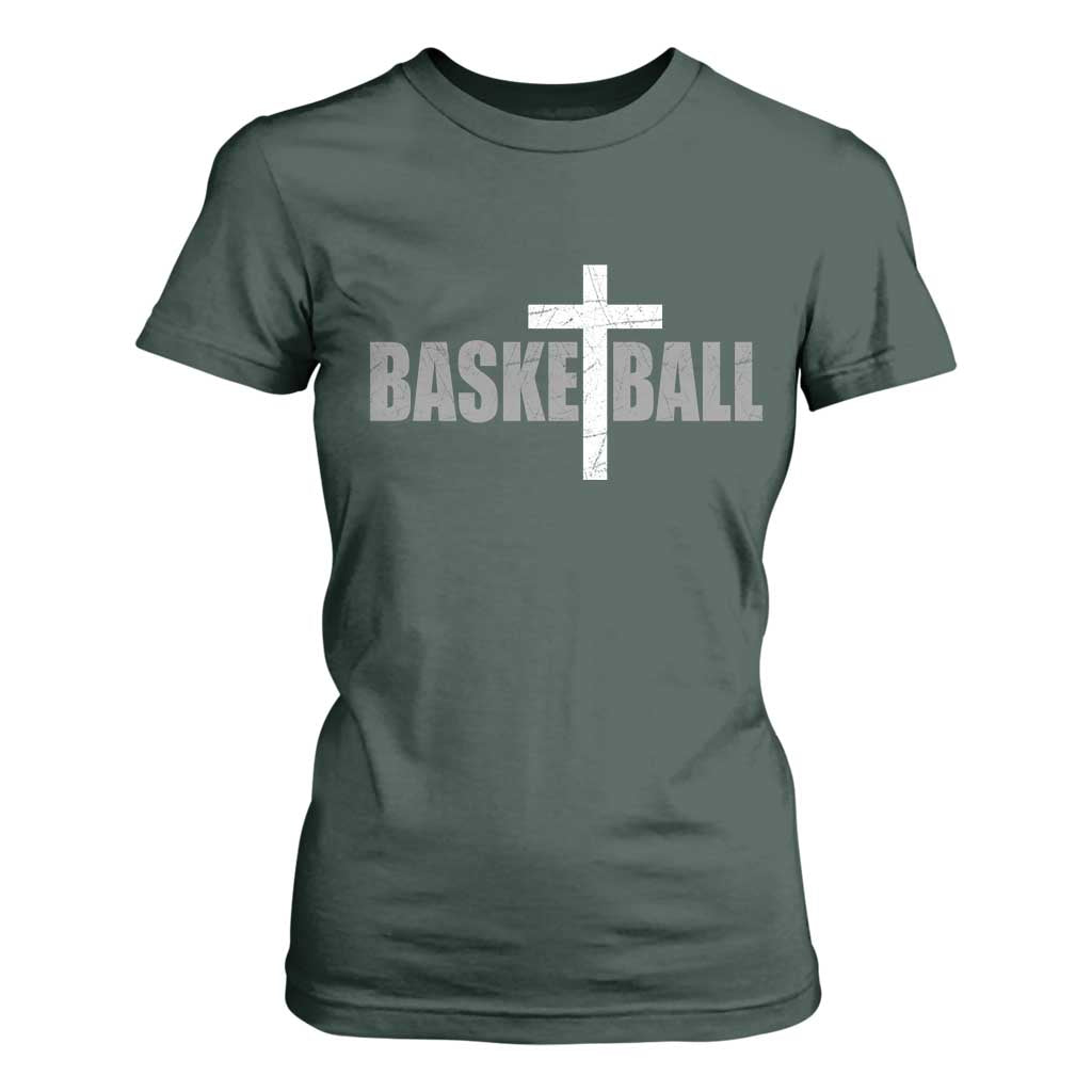 Christian Basketball Cross T Shirt For Women Vintage Minimal Religious Faith TS10 Dark Forest Green Print Your Wear