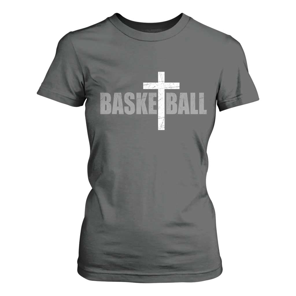 Christian Basketball Cross T Shirt For Women Vintage Minimal Religious Faith TS10 Dark Heather Print Your Wear