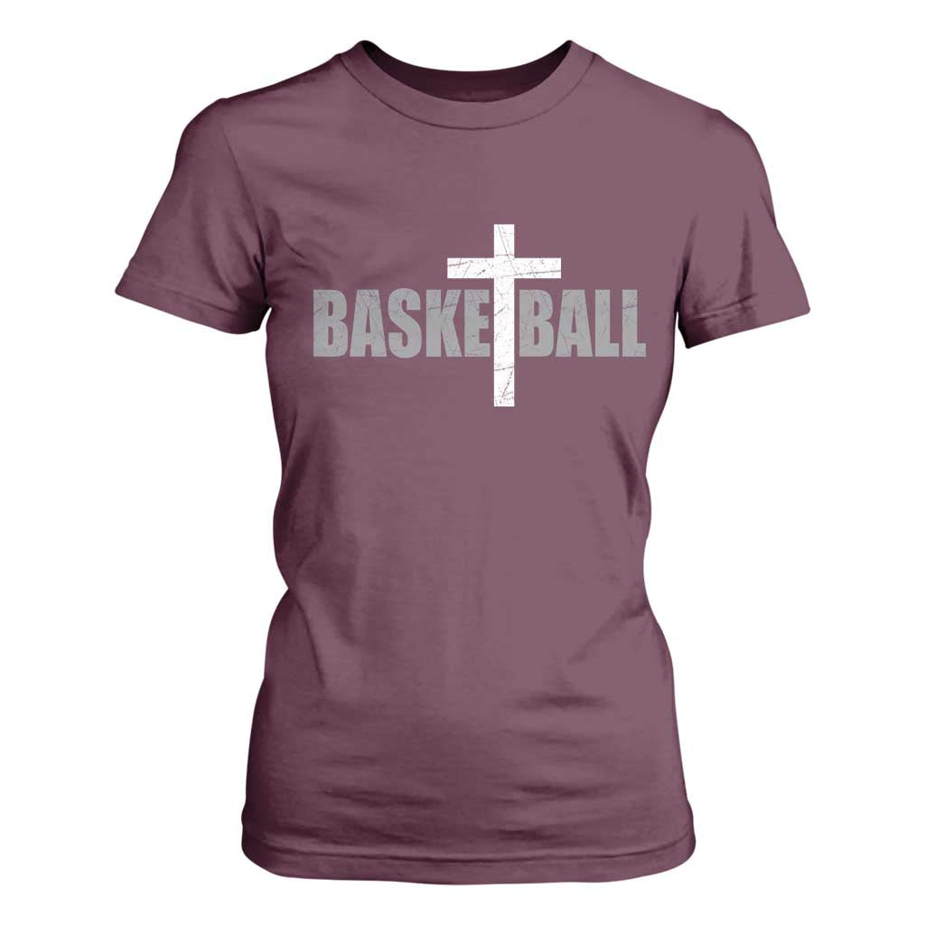 Christian Basketball Cross T Shirt For Women Vintage Minimal Religious Faith TS10 Maroon Print Your Wear