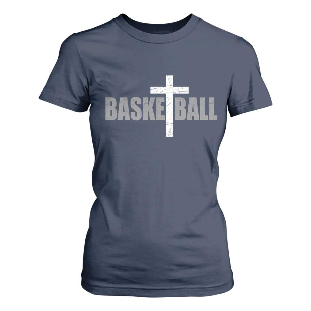 Christian Basketball Cross T Shirt For Women Vintage Minimal Religious Faith TS10 Navy Print Your Wear