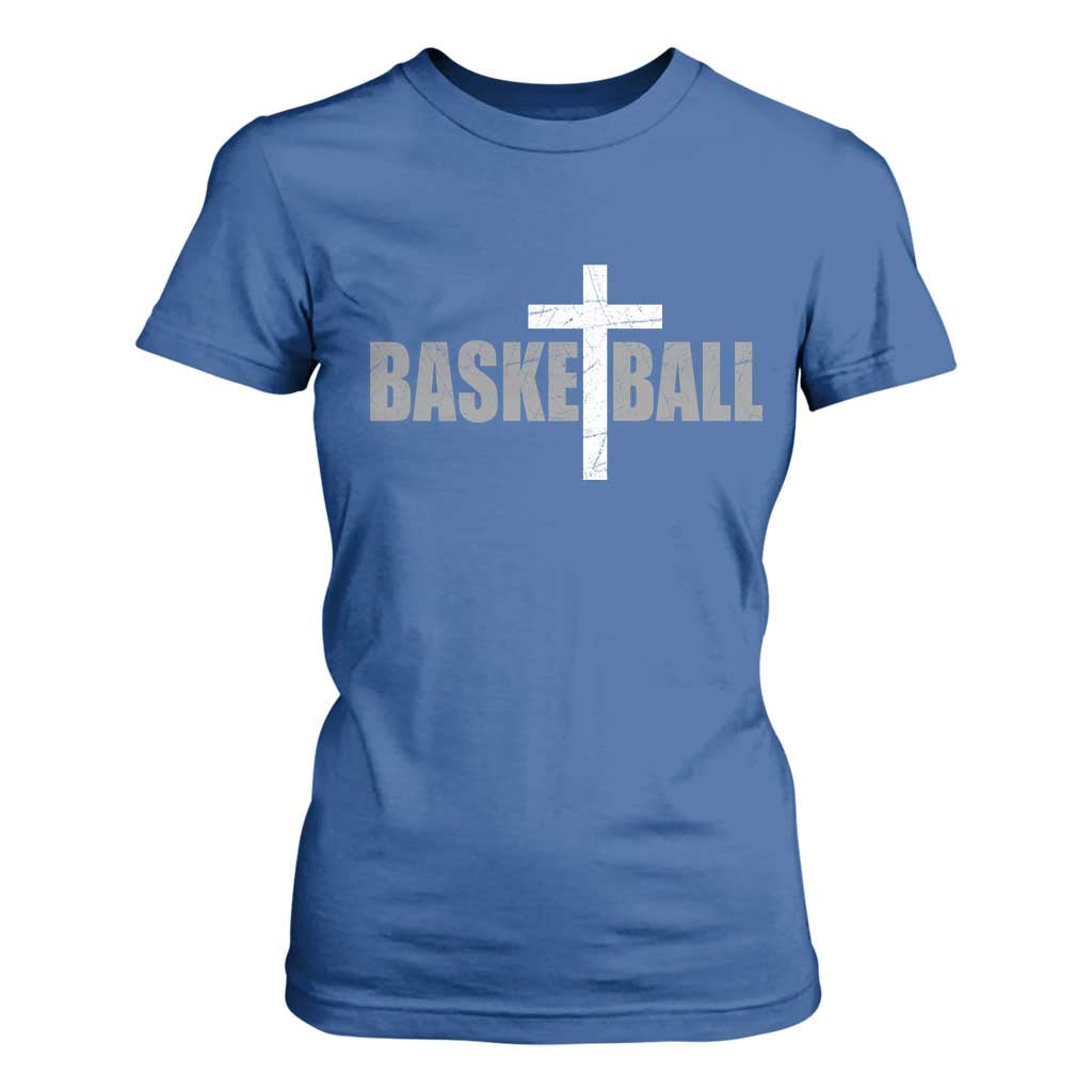 Christian Basketball Cross T Shirt For Women Vintage Minimal Religious Faith TS10 Royal Blue Print Your Wear
