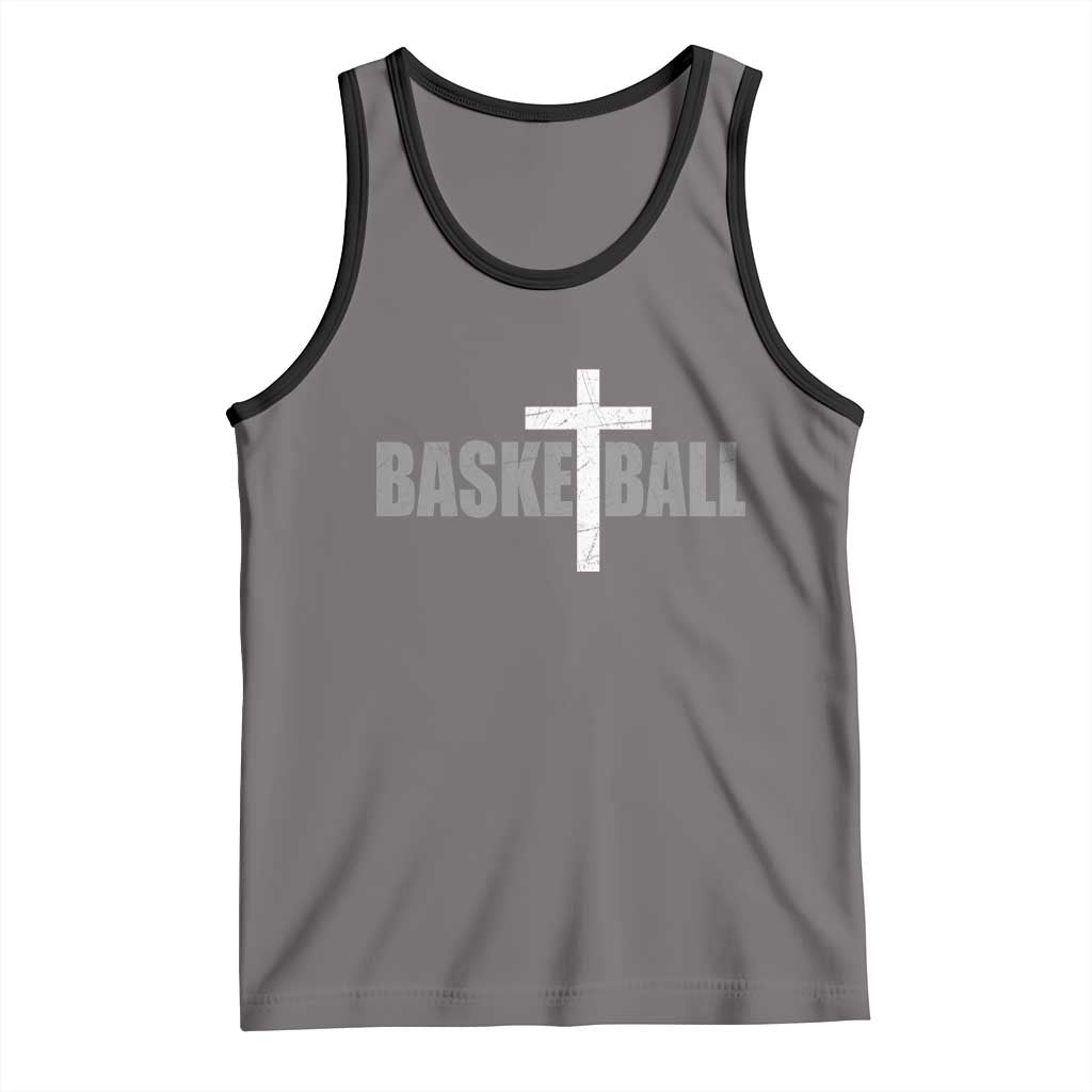 Christian Basketball Cross Tank Top Vintage Minimal Religious Faith TS10 Deep Heather Black Print Your Wear