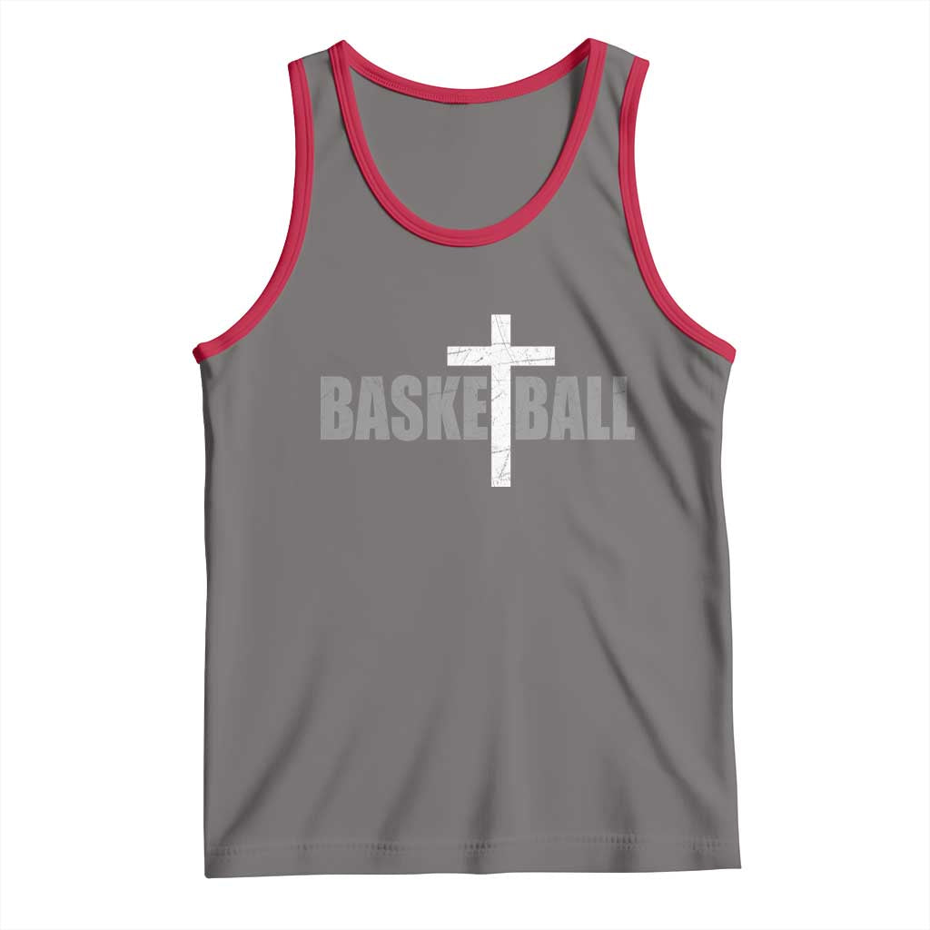 Christian Basketball Cross Tank Top Vintage Minimal Religious Faith TS10 Deep Heather Red Print Your Wear