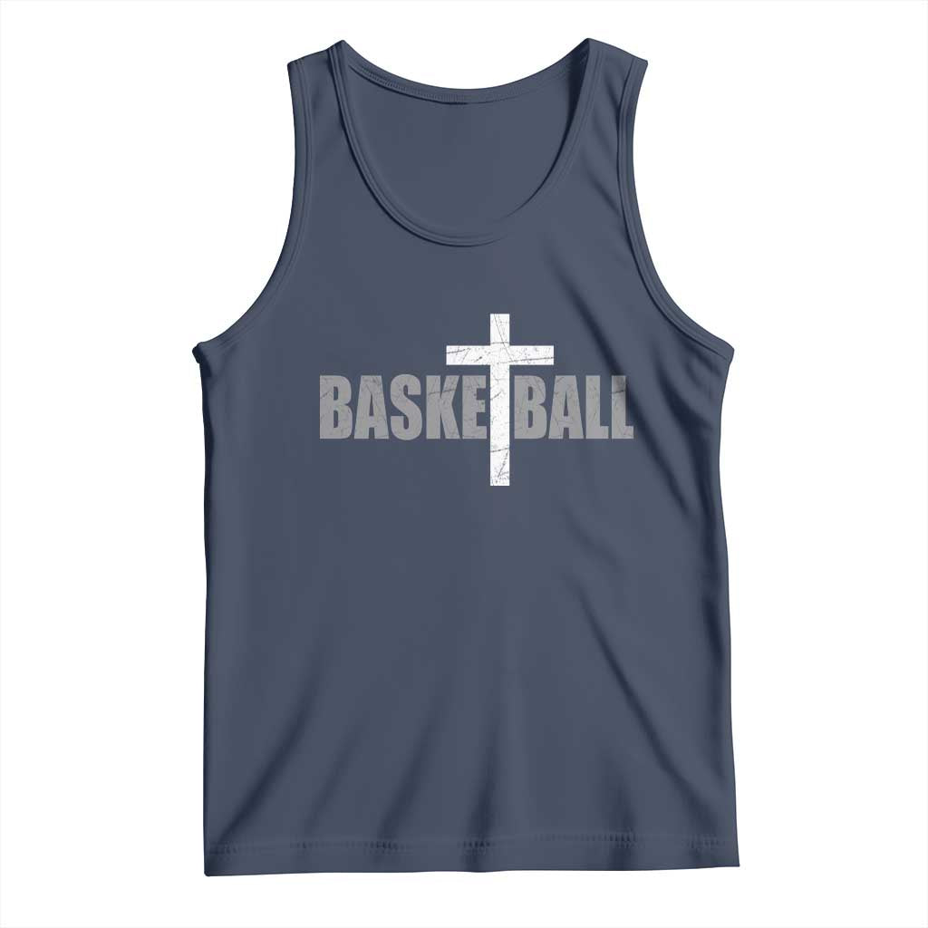 Christian Basketball Cross Tank Top Vintage Minimal Religious Faith TS10 Navy Print Your Wear