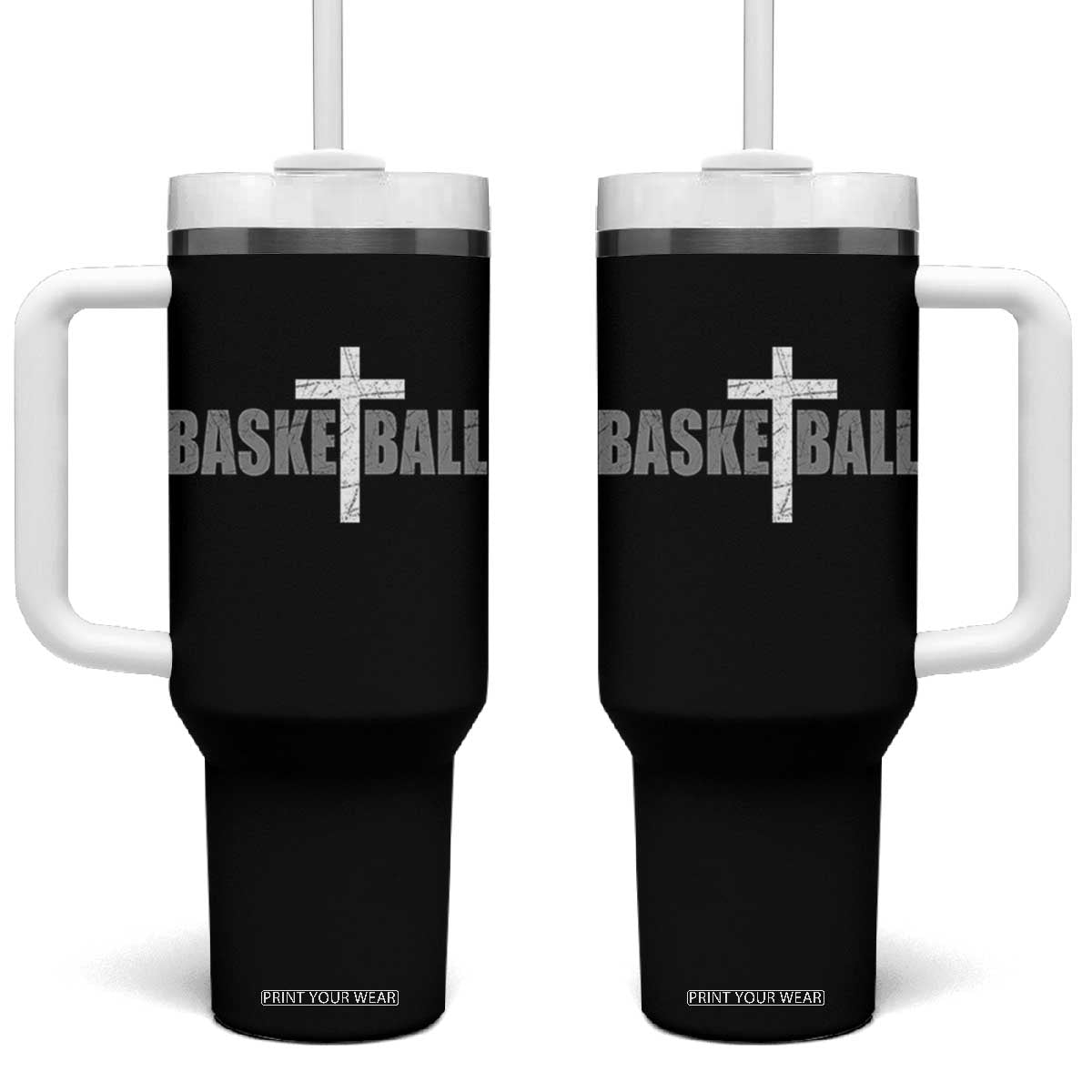 Christian Basketball Cross Tumbler With Handle Vintage Minimal Religious Faith TS10 One Size: 40 oz Black Print Your Wear