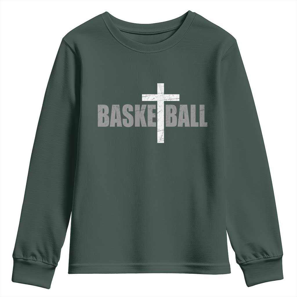 Christian Basketball Cross Youth Sweatshirt Vintage Minimal Religious Faith TS10 Dark Forest Green Print Your Wear