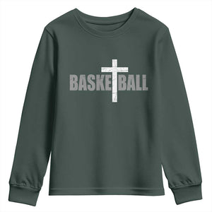 Christian Basketball Cross Youth Sweatshirt Vintage Minimal Religious Faith TS10 Dark Forest Green Print Your Wear