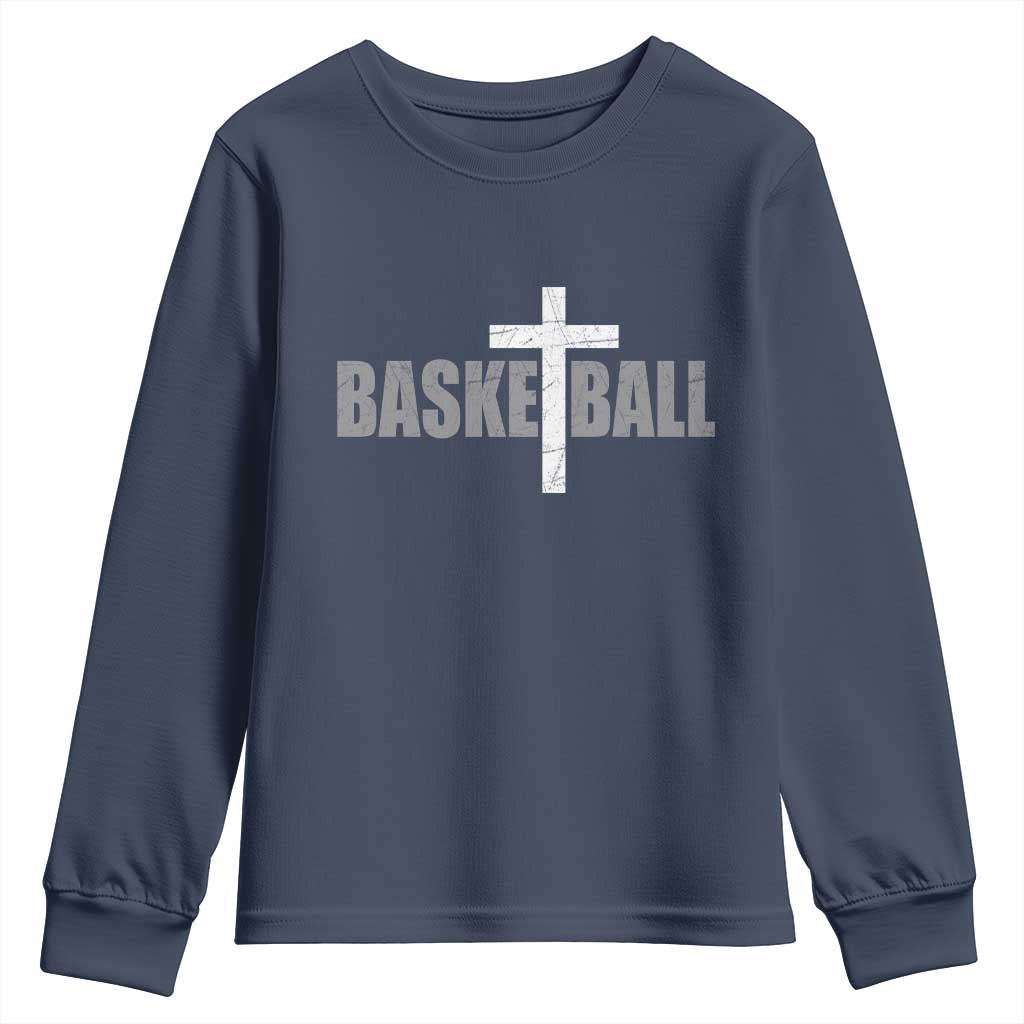 Christian Basketball Cross Youth Sweatshirt Vintage Minimal Religious Faith TS10 Navy Print Your Wear