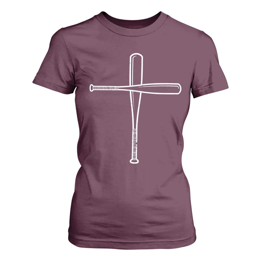 Cross Baseball Bats T Shirt For Women Religious Christian Faith Sports Coach Pitcher TS10 Maroon Print Your Wear