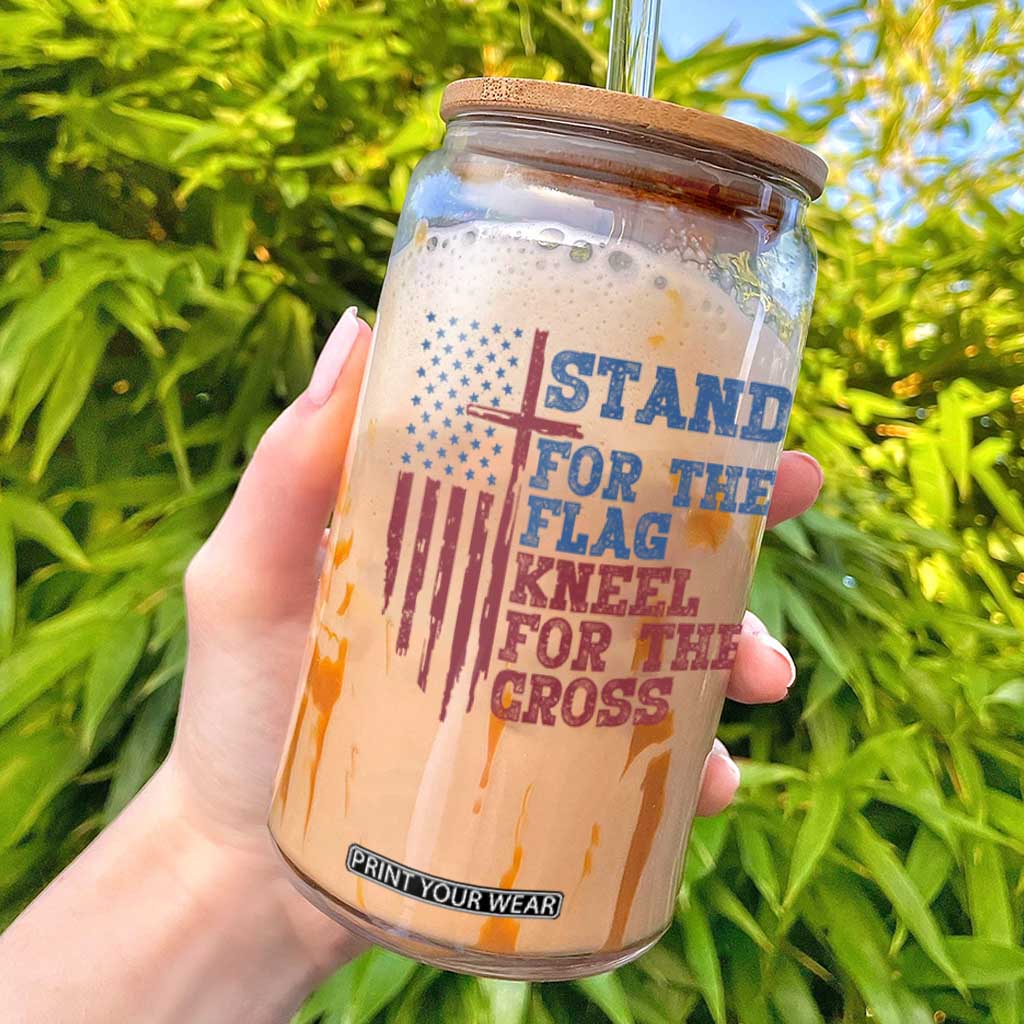 Stand For The Flag Kneel For The Cross Glass Can Cross US Flag American Patriotic Christian Faith 4th of July TS10 White Print Your Wear