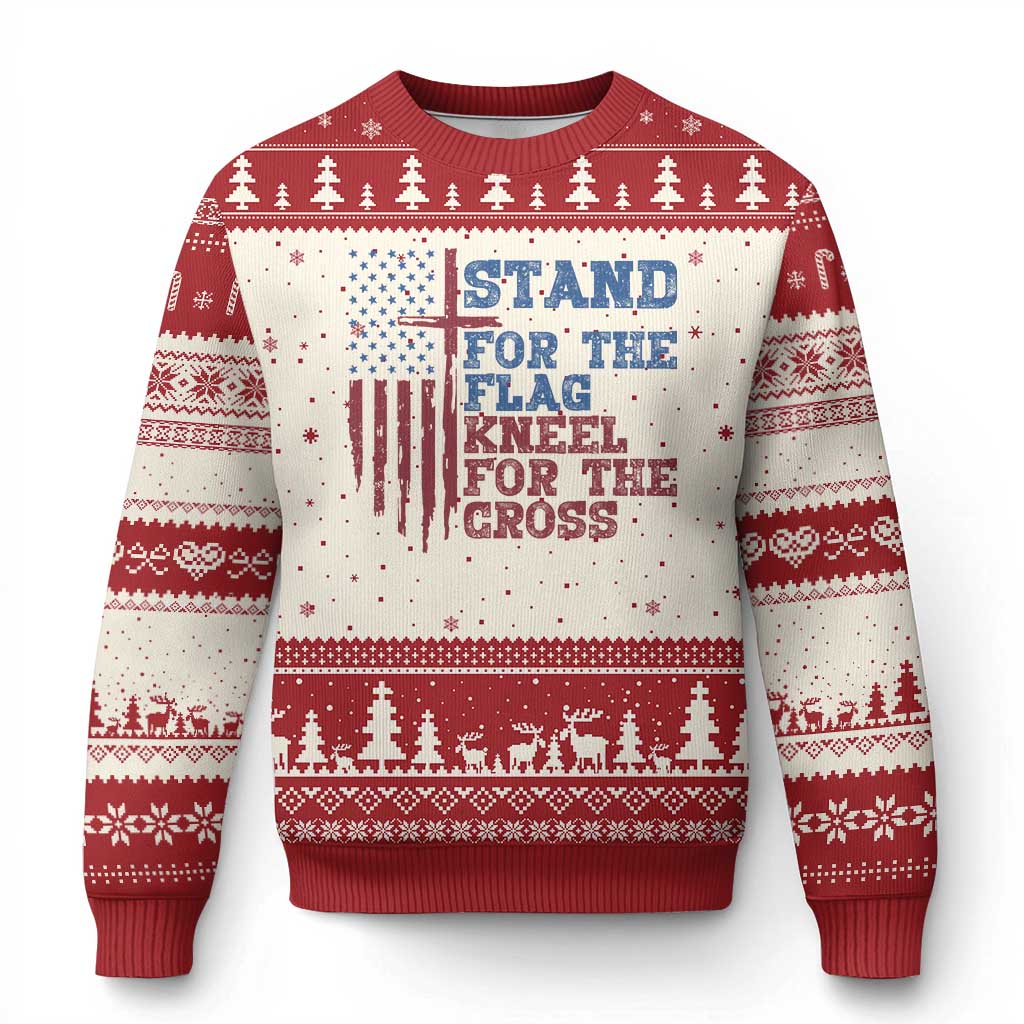Stand For The Flag Kneel For The Cross Ugly Christmas Sweater Cross US Flag American Patriotic Christian Faith 4th of July TS10 Beige Red Print Your Wear