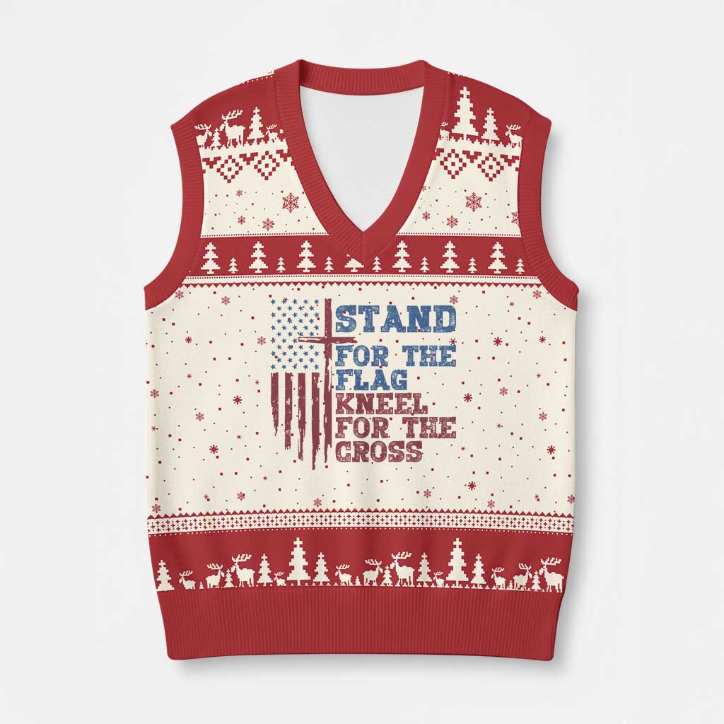 Stand For The Flag Kneel For The Cross V-Neck Knit Sweater Vest Cross US Flag American Patriotic Christian Faith 4th of July TS10 Beige Red Print Your Wear