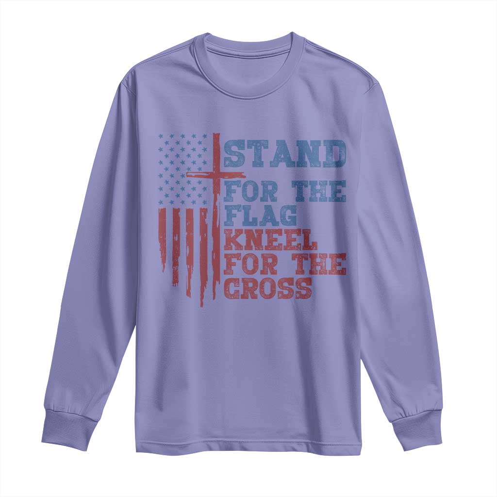 Stand For The Flag Kneel For The Cross Long Sleeve Shirt Cross US Flag American Patriotic Christian Faith 4th of July TS10 Violet Print Your Wear