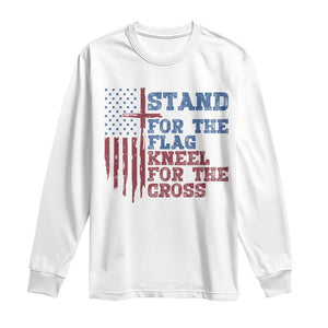Stand For The Flag Kneel For The Cross Long Sleeve Shirt Cross US Flag American Patriotic Christian Faith 4th of July TS10 White Print Your Wear
