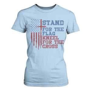 Stand For The Flag Kneel For The Cross T Shirt For Women Cross US Flag American Patriotic Christian Faith 4th of July TS10 Light Blue Print Your Wear