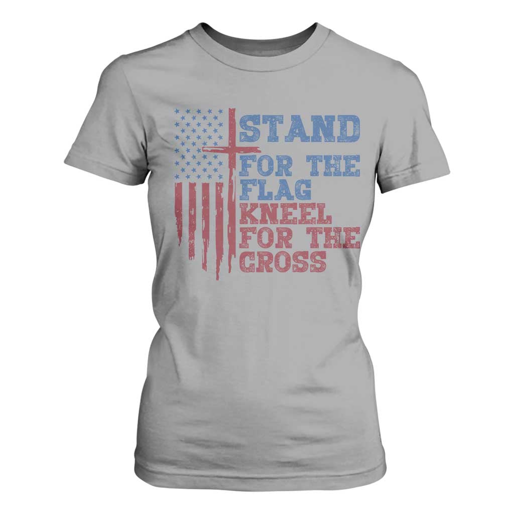 Stand For The Flag Kneel For The Cross T Shirt For Women Cross US Flag American Patriotic Christian Faith 4th of July TS10 Sport Gray Print Your Wear