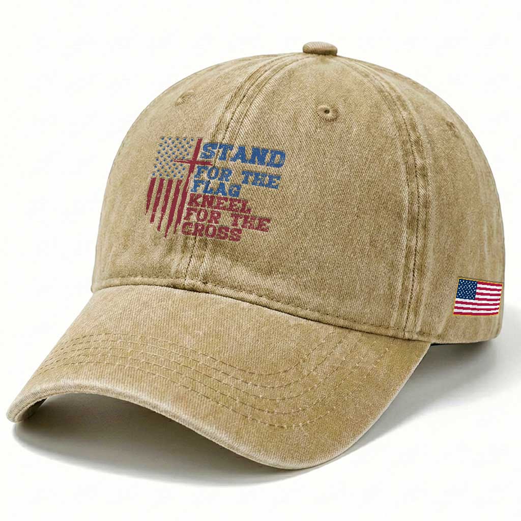 Stand For The Flag Kneel For The Cross Washed Cotton Baseball Cap Cross US Flag American Patriotic Christian Faith 4th of July TS10 Print Your Wear