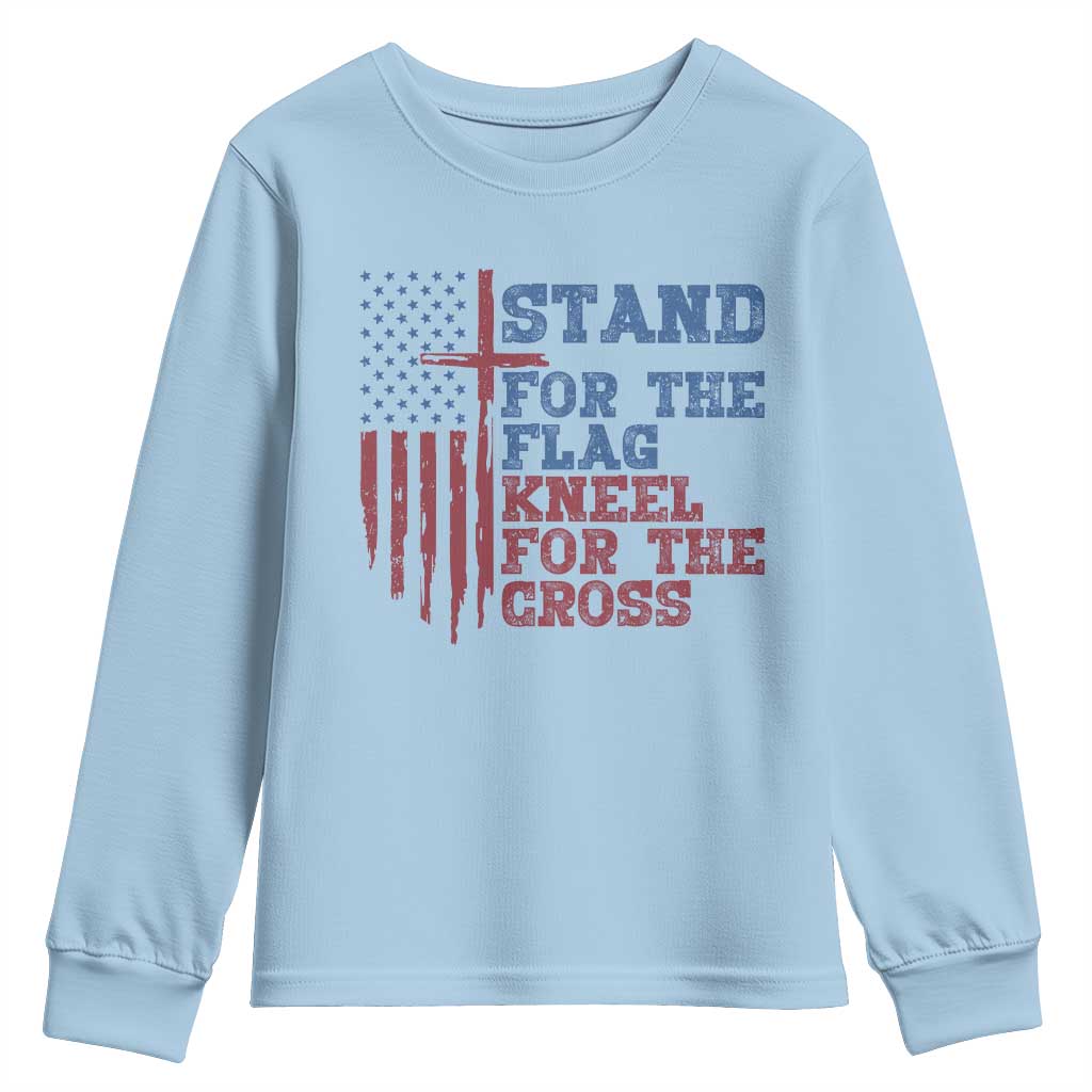 Stand For The Flag Kneel For The Cross Youth Sweatshirt Cross US Flag American Patriotic Christian Faith 4th of July TS10 Light Blue Print Your Wear