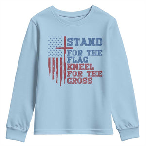 Stand For The Flag Kneel For The Cross Youth Sweatshirt Cross US Flag American Patriotic Christian Faith 4th of July TS10 Light Blue Print Your Wear