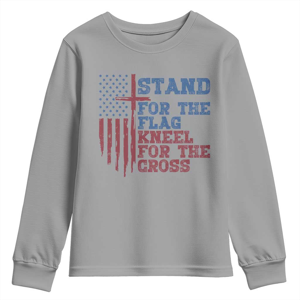 Stand For The Flag Kneel For The Cross Youth Sweatshirt Cross US Flag American Patriotic Christian Faith 4th of July TS10 Sport Gray Print Your Wear
