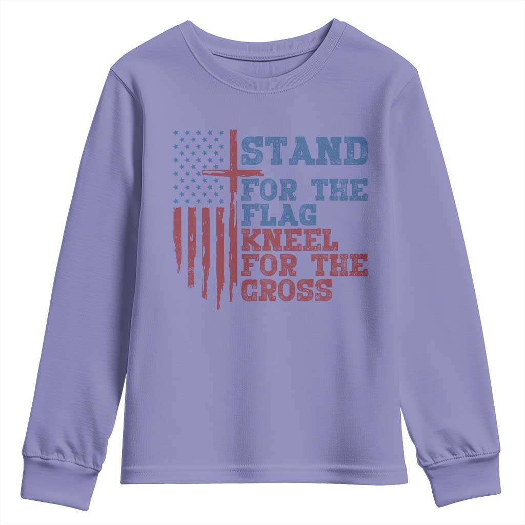 Stand For The Flag Kneel For The Cross Youth Sweatshirt Cross US Flag American Patriotic Christian Faith 4th of July TS10 Violet Print Your Wear