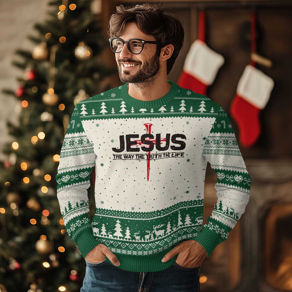 Jesus Christ Ugly Christmas Sweater The Way Truth Life Cross Nails Faith In God Christian TS10 Beige Green Print Your Wear