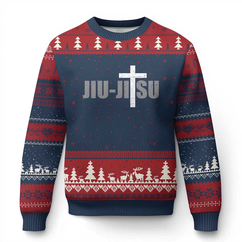 Jiu Jitsu Christian Cross Ugly Christmas Sweater Retro Vintage Minimal Religious Faith TS10 Navy Red Print Your Wear
