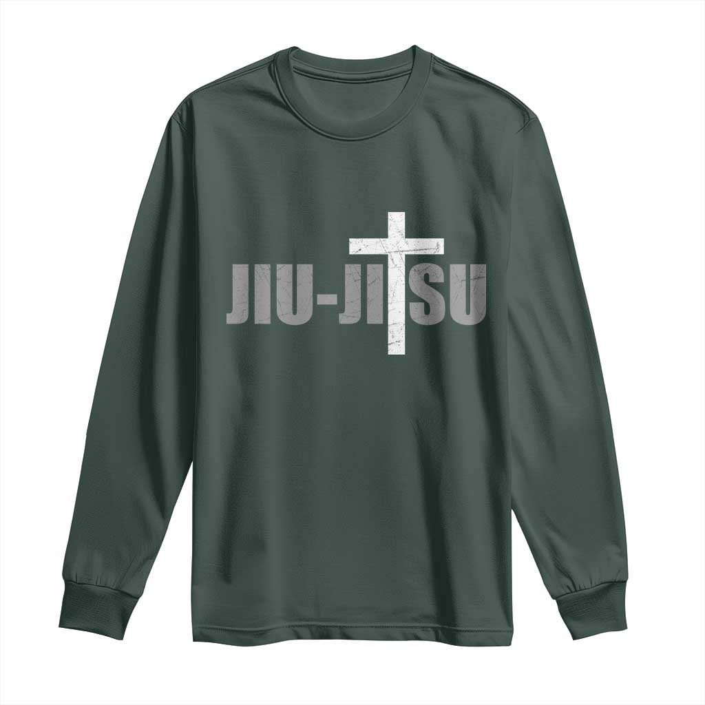 Jiu Jitsu Christian Cross Long Sleeve Shirt Retro Vintage Minimal Religious Faith TS10 Dark Forest Green Print Your Wear