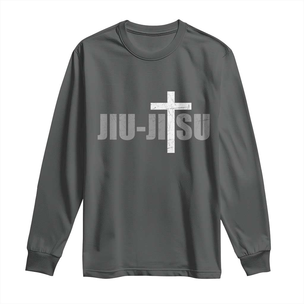 Jiu Jitsu Christian Cross Long Sleeve Shirt Retro Vintage Minimal Religious Faith TS10 Dark Heather Print Your Wear