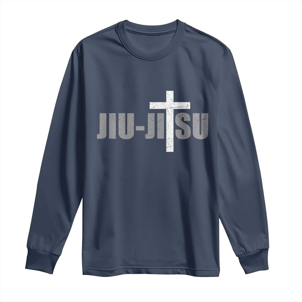 Jiu Jitsu Christian Cross Long Sleeve Shirt Retro Vintage Minimal Religious Faith TS10 Navy Print Your Wear
