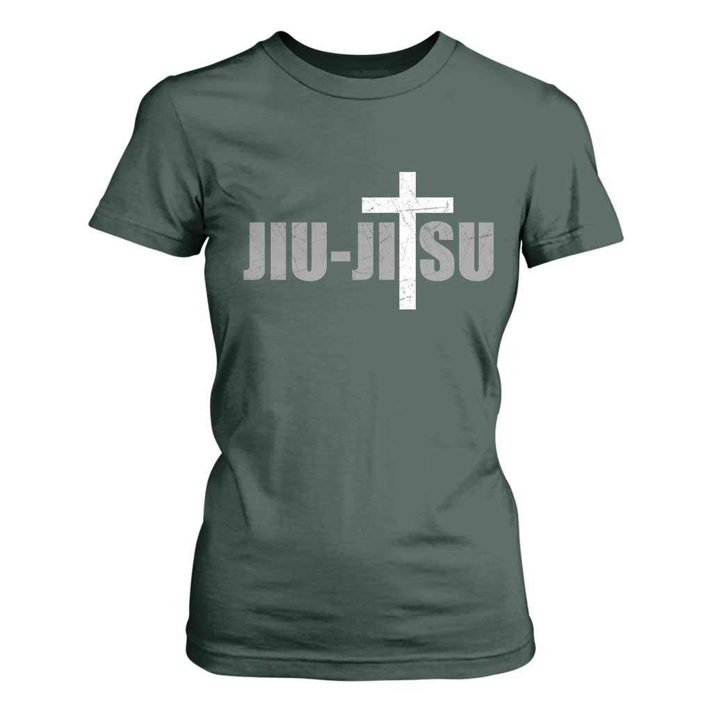 Jiu Jitsu Christian Cross T Shirt For Women Retro Vintage Minimal Religious Faith TS10 Dark Forest Green Print Your Wear